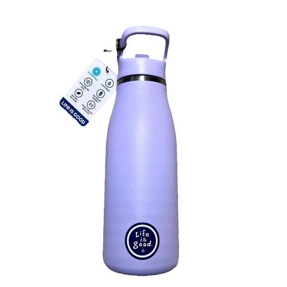 NWT Life is Good Stainless Steel 14 oz Water Bottle Purple Flip Flops Straw New - Picture 3 of 11